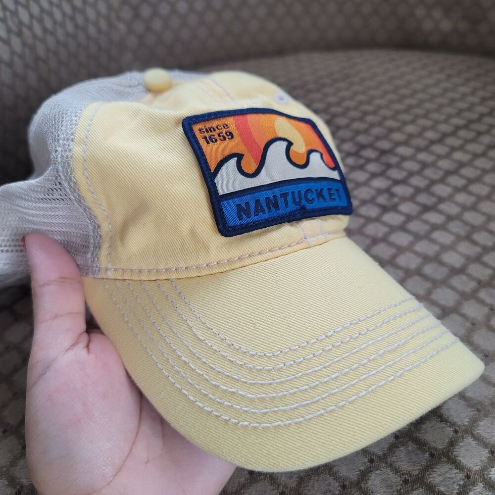 Nantucket Patch Mesh Baseball Trucker SnapBack Cap Hat yellow white wave detail